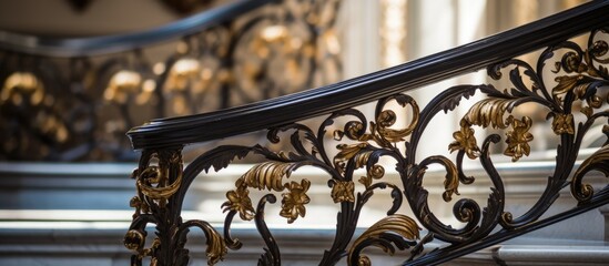 A detailed view of a metal handrail running along a grand, winding staircase, showcasing its...