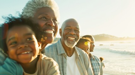 A multi-generational family is enjoying a sunny beach day together, smiling and capturing a beautiful moment with the sea in the background.