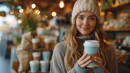 A fashionable woman with a to-go coffee in her hands, one in a disposable paper cup and the other in a reusable metal tumbler, promoting sustainability and reducing plastic waste.