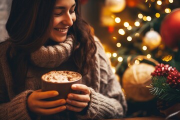 Naklejka premium Photo of a person enjoying Champurrado at home, surrounded by festive holiday decorations and cozy winter vibes