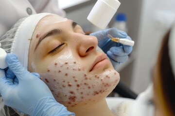 
Photo of a person undergoing acne treatment, showcasing skincare products and topical medications - obrazy, fototapety, plakaty