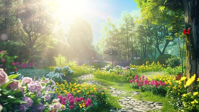 beautiful magic garden landscape fairytale mood. seamless looping overlay 4k virtual video animation background