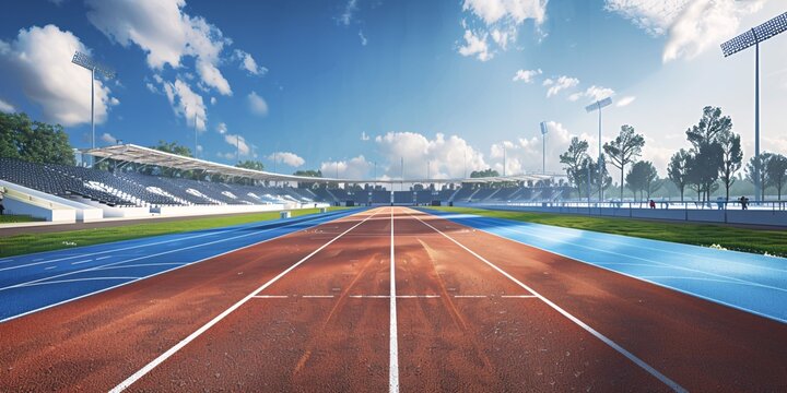 Track and field stadium with track finish line view, sporty theme rendered illustration backdrop.