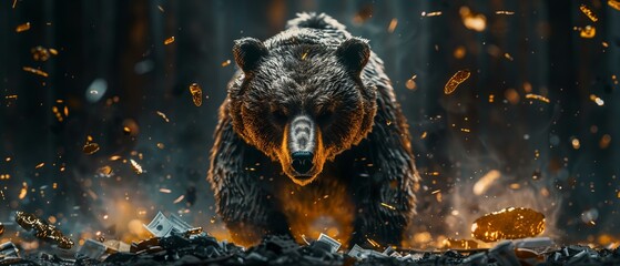 Dark 3D bear figure amid a storm of gold financial documents, turbulent market
