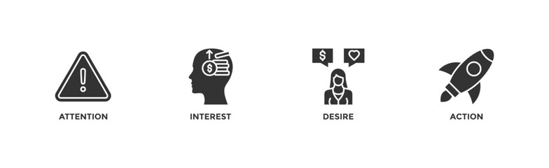 AIDA banner web icon vector illustration concept for attention interest desire action with icon of promotion, target, vision, store, ecommerce, and buying	