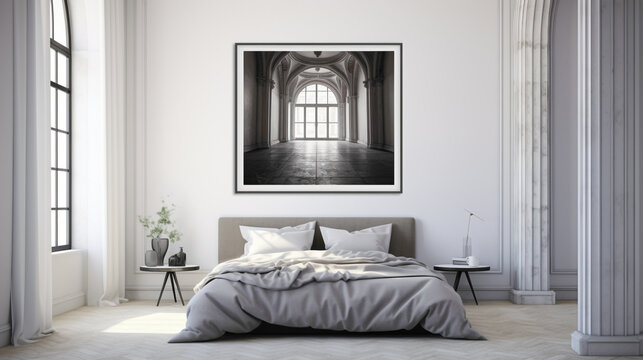 A stylish bedroom with a blank white empty frame, featuring a captivating, black and white photograph of an architectural detail.