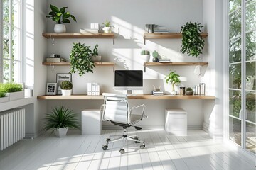 Bright and airy minimalist workspace, 3D mockup with floating shelves and ergonomic chair