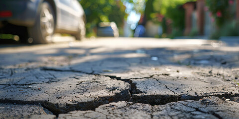 Poor condition of the road surface. Spring season. Hole in the asphalt, risk of movement by car, bad asphalt, dangerous road, potholes in asphalt. Crack on road with blurred car on background. - obrazy, fototapety, plakaty