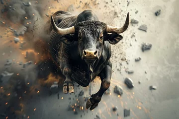 Deurstickers A 3D bull breaking through black financial barriers, market breakthrough © Seksan