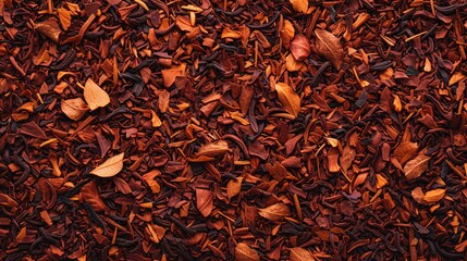 Closeup texture of dried red rooibos tea leaves. - obrazy, fototapety, plakaty