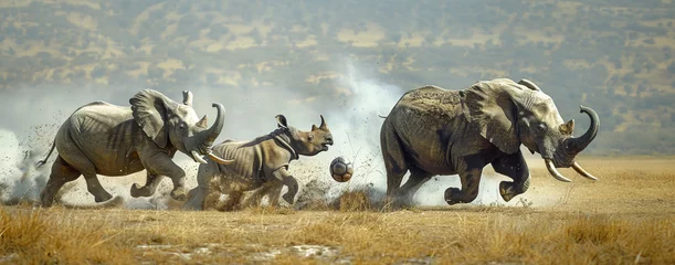 Rolgordijnen Elephants and rhinos clashing on the field © Woraphon