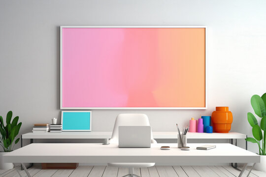 A stunning portrayal of an office setting, emphasizing a blank white frame against a backdrop of minimalistic design, mockup elements, and a vivid display of simple, colorful tones.