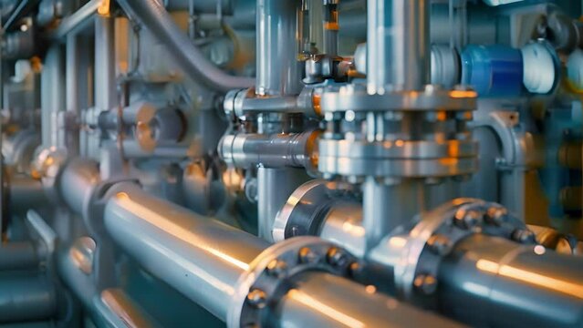 Precision pipes and intricate valves transport a steady flow of acids and bases through a complex network of pipes ultimately converging at a central mixing station.