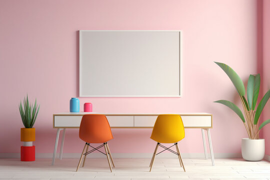 A stunning portrayal of an office setting, emphasizing a blank white frame against a backdrop of minimalistic design, mockup elements, and a vivid display of simple, colorful tones.