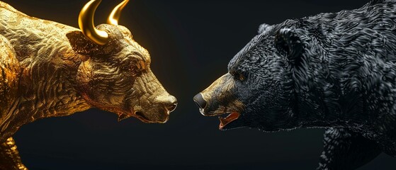3D rendering of a gold bull and black bear facing off, stock market concept - obrazy, fototapety, plakaty