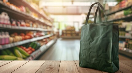 Organic produce and supplies in sustainable reusable shopping tote on wooden surface with blurred grocery aisle in backdrop.