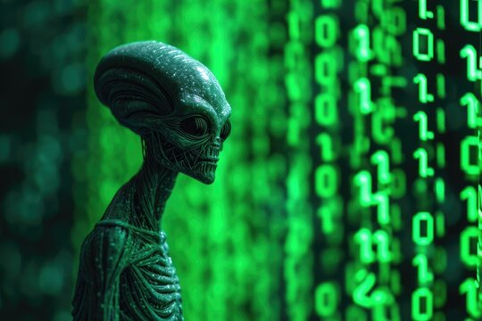 The alien stares at the wall of tumbling glowing emerald numbers and symbols. An alien amidst a cascade of green binary code resembling a matrix.