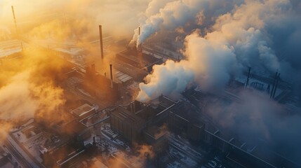 Industrial metal works factory emitting pollution and smoke, causing environmental issues captured in aerial photos during sunrise. - obrazy, fototapety, plakaty