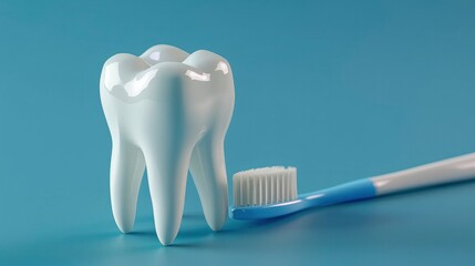 Tooth with toothbrush isolated on a blue background.