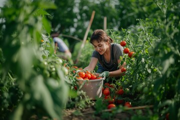 girl harvesting tomatoes in a basket in her garden