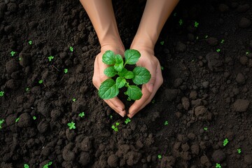 Set of one hand holding a young plant, against the background of fresh soil
