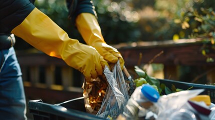 A man's hands wearing yellow gloves disposing of household garbage into a compact bag.