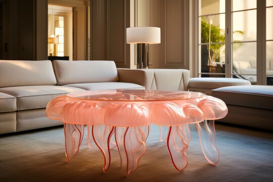 A squishy aesthetic jellyfish-shaped coffee table, with sculptural details and translucent panels, serving as a focal point and conversation starter in any modern living room.
