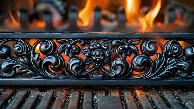 A closeup of a cast iron fireback showcasing its detailed design and adding a touch of vintage charm to the fireplace.