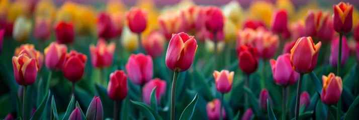Zelfklevend Fotobehang Violet tulips in amazing spring garden detail. Panorama or banner concept. © Kateryna Muzhevska