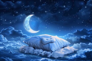 Obraz na płótnie Canvas A bed in the sky with moonlight shining on it, a feather pillow and eye patch, a night scene, a sky full of stars. World Sleep Day