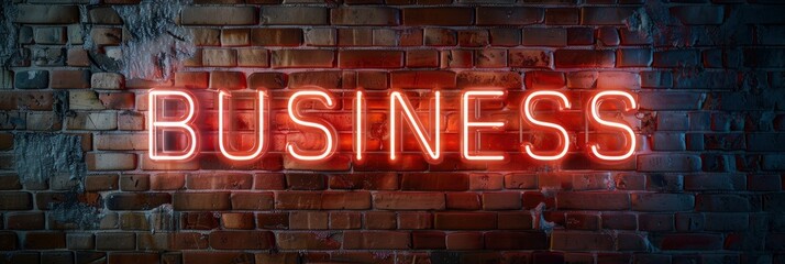 BUSINESS in bold neon lettering, shining brightly against a brick wall background, signaling professionalism and commerce - obrazy, fototapety, plakaty