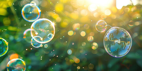 Outdoors activity in summer in green park. Big flying soap bubbles in sunny sunshine nature. Kids party concept