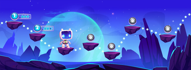 Game level map with jump platform, rating stars and close tier on space alien planet background with stone mountains, rock cliff, celestial body on blue sky and robot astronaut as player character. © klyaksun