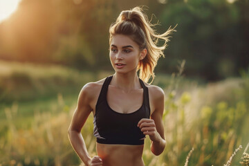 Young attractive woman with perfect slim body running outdoors