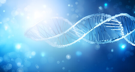 Blue Banner Featuring Sunlight and the Intricate Code of Human Spiral DNA Polygonal abstract background