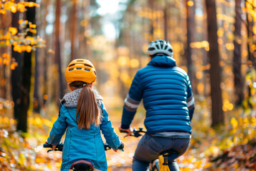 young woman cycling through the forest with her father. Concept enjoying sports as a family