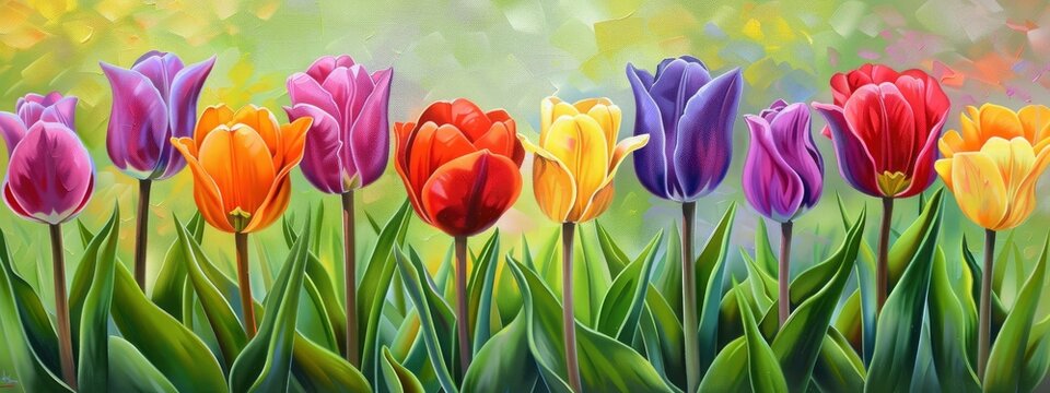 Tulips in Technicolor. Oil Painting of Rainbow Tulips, Bursting with Vibrant and Lively Colors, Radiating Joy and Cheerfulness.