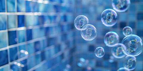 Floating transparent soap bubbles in blue tile bathroom. Having bubble bath shower skincare enjoying relaxation moment concept 