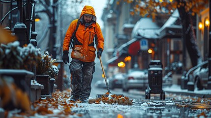 A maintenance worker sweeps the urban area using a brush. - obrazy, fototapety, plakaty