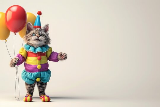 Funny cat is wearing a clown's costume and holding balloons. 