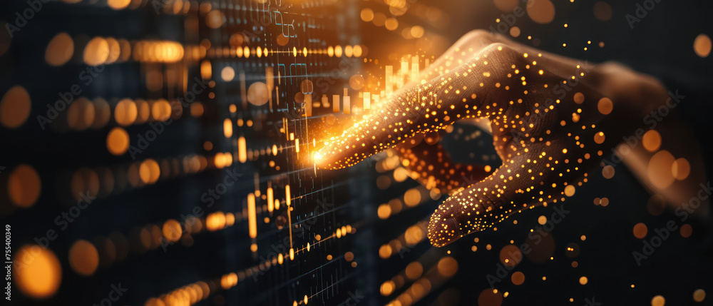 Poster close-up of a finger tracing trends on a digital stock market graph with glowing financial data