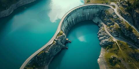 A sustainable hydropower reservoir in the Swiss Alps mountains, producing renewable energy to combat global warming, seen from above in the summer.