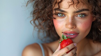 Lady consuming a berry alone against a white background. - obrazy, fototapety, plakaty