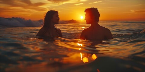 Capturing a Heartfelt Moment: Couple Sharing a Surf Session at Sunset. Concept Outdoor Photography, Couples Portraits, Surfing, Sunset, Romantic Moments