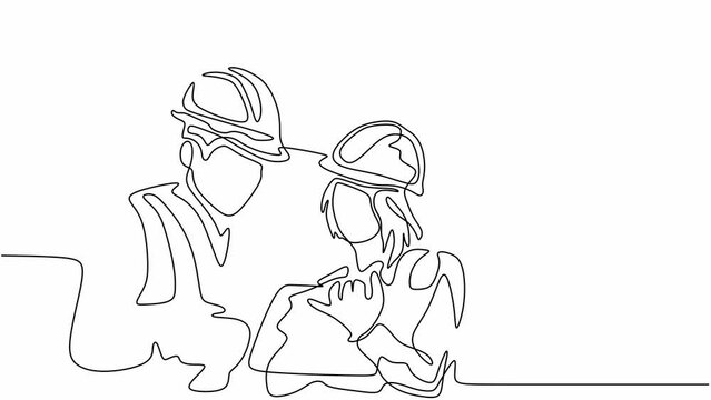 Single continuous line drawing of young construction manager giving instruction to builder coordinator at site meeting. Building architecture business concept. One line animation.