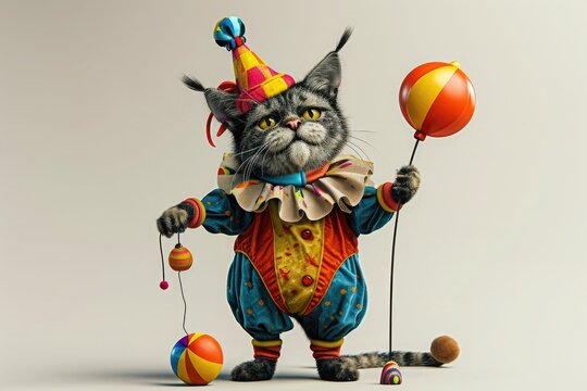 Funny cat is wearing costume clown and holding a petard. 