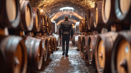 A youthful traveler strolls through a historic cellar in France filled with traditional wooden barrels of wine. - obrazy, fototapety, plakaty