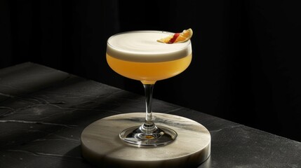 Whiskey Sour cocktail on podium on black background. Glass of alcoholic drink
