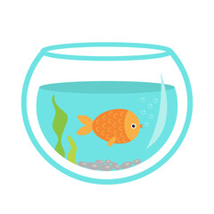 Fish in the aquarium. goldfish swim. Glass vase with water. Cute cartoon kawaii funny baby character. Pet collection. Childish style. Flat design. White background. Isolated. - 755400585