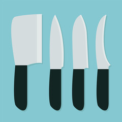 Knife set. Big steel ceramic kitchen knives icon. Top view. Butcher meat knife collection. Kitchen chef tool. Flat design style. Blue background. Isolated. - 755400733